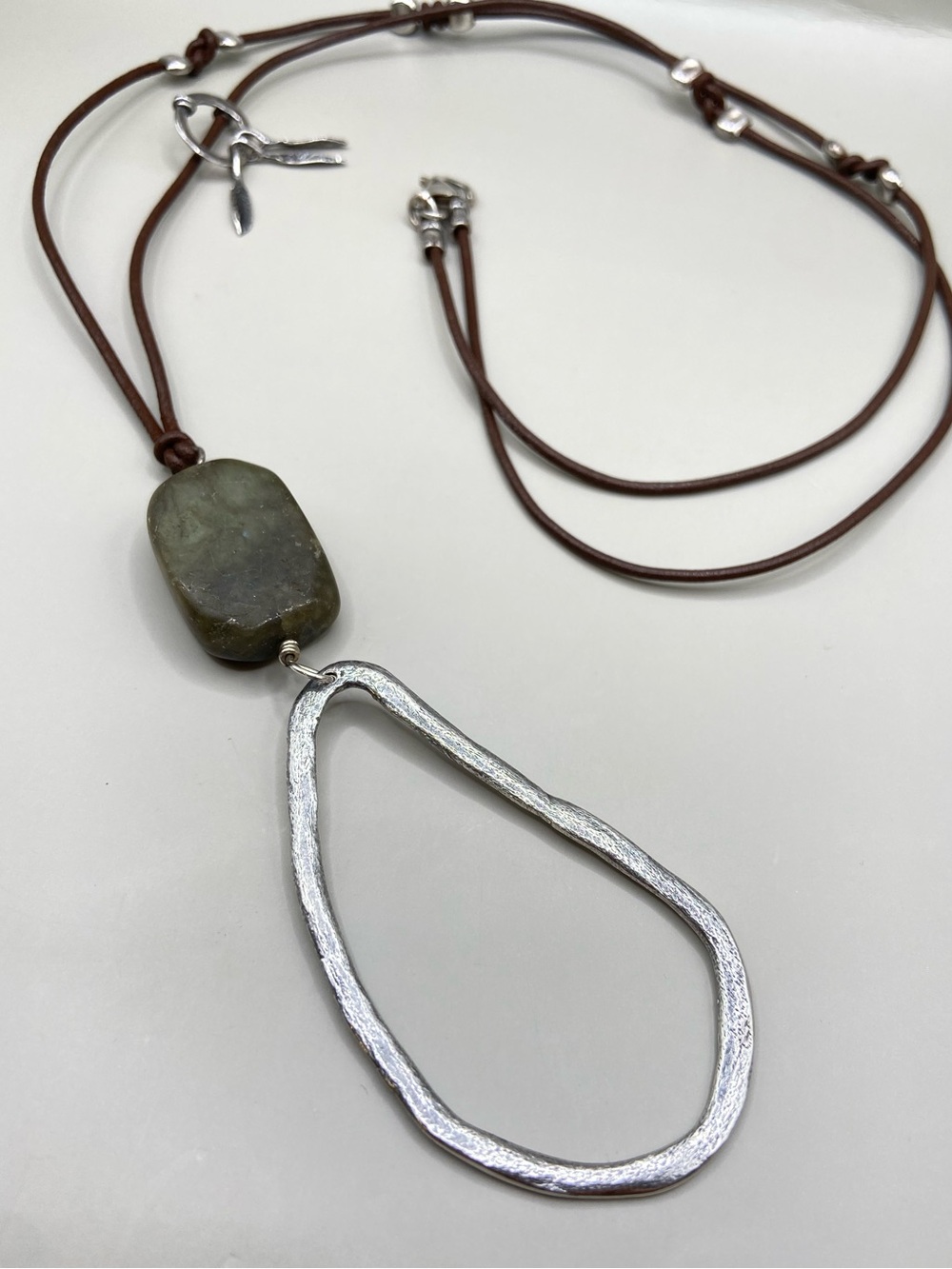 Silpada Brown Leather Necklace with Green Stone and Silver Teardrop Pendant - Picture 2 of 10